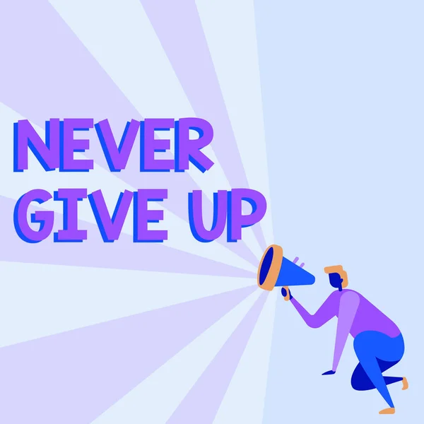 Text bildtext som presenterar Never Give Up. Business showcase Fortsätt att försöka tills du lyckas följa dina drömmar mål Illustration av en person Knäböja Använda Megaphone Göra nya tillkännagivande. — Stockfoto