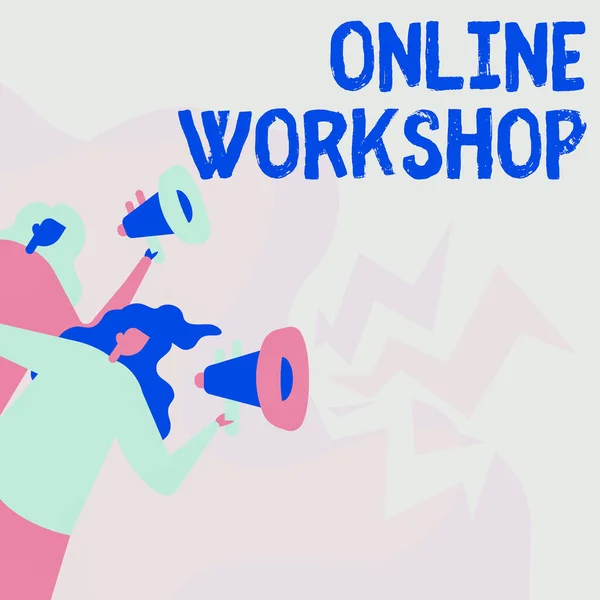 Εννοιολογική λεζάντα Online Workshop. Business showcase shows αγαθών και εμπορευμάτων μέσω των ηλεκτρονικών ιστοσελίδων Women Drawing Holding Megaphones Making Announcing to The Public. — Φωτογραφία Αρχείου