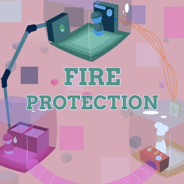 Sign displaying Fire Protection. Word for measures taken to prevent fire from becoming destructive Joined Booths Providing Necessary Workplace Resources. — Stock Photo, Image