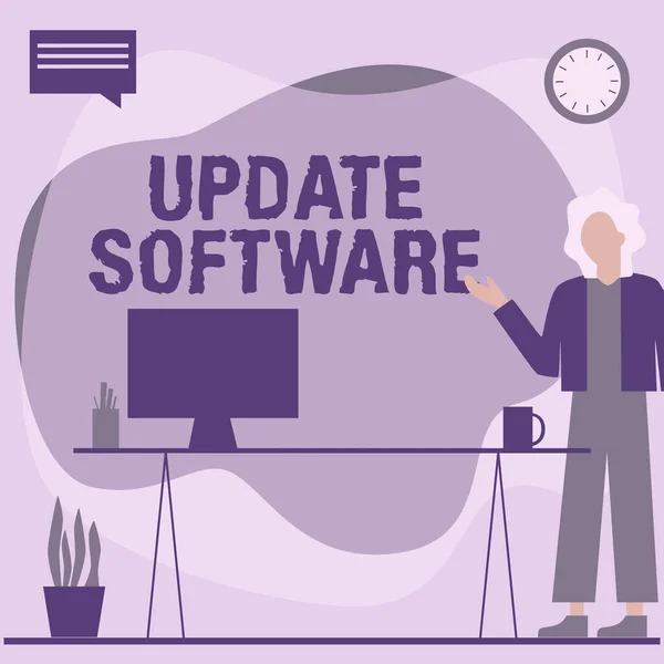 Bildunterschrift: Update Software. Internet-Konzept ersetzt Programm durch eine neuere Version desselben Produkts Frau im Büro mit Laptop neben Pflanzenvase mit Sprechblase. — Stockfoto