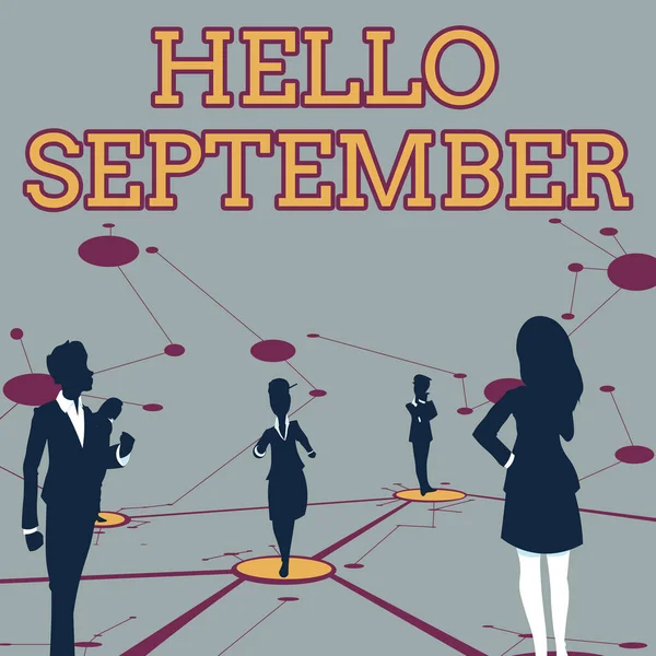 Kézírás jel Hello September. Koncepcionális fotó Alig várja, hogy meleg fogadtatásban részesüljön a szeptember hónapban Több csapattag is külön gondolkodik Csatlakozott vonalak padlón. — Stock Fotó