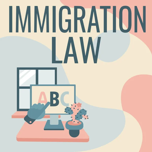 Inspirace ukazuje znamení imigračního zákona. Obchodní přístup Emigrace občana je legální při cestování Ruční zobrazování písmen ukazujících na obrazovku webového prohlížeče s kaktusem na straně. — Stock fotografie