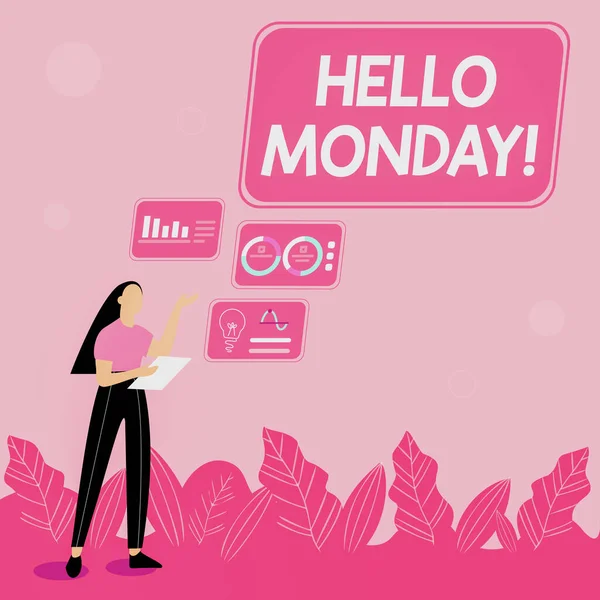 Inspiration showing sign Hello Monday. Concept meaning Greeting Positive Message for a new day Week Starting Illustration Of Girl Sharing Ideas For Skill Discussing Work Strategies.