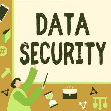 Veri Güvenliği kavramsal görüntüleme. Gizlilik Diski Şifreleme Yedekleme Parola Koruma İşadamı Parmak Sunum Kurulu Temsilcisi Planlama Projeleri.