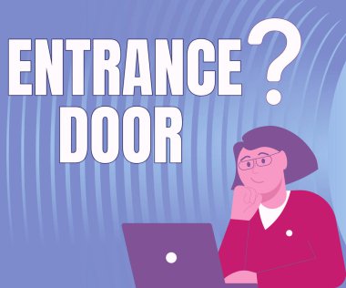 Kavramsal ekran giriş kapısı. Girilen Giriş Geçidi Giriş Kapısında İnternet Konsepti Geçidi Kadın Beyin Fırtınası Yeni Çözümler Çiziyor Soru İşaretleriyle çevrili