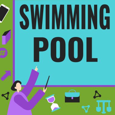 Metin görüntüleme havuzu yazılıyor. İş Konsepti Yapısı, eğlence faaliyetleri için su tutmak üzere tasarlandı İşadamı Parmak Gösterme Kurulu Planlama Projeleri Temsilcisi.