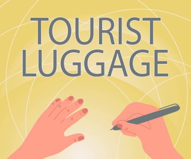 Yazı başlığı Turist Bagajı 'nı gösteriyor. Seyahat Elleri Yeni Yenilikçi Hedefler Stratejisi Kullanmak için gereken her şeyi içeren iş yaklaşımı büyük çanta.