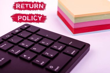 Inspiration showing sign Return Policy. Business idea Tax Reimbursement Retail Terms and Conditions on Purchase Computer Keyboard And Symbol.Information Medium For Communication. clipart