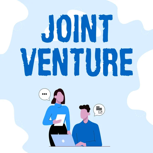 Teksten van Joint Venture. Woord voor samenwerkingspartners Partnerschapsteam Partners die nieuwe ideeën delen voor strategieën ter verbetering van vaardigheden. — Stockfoto