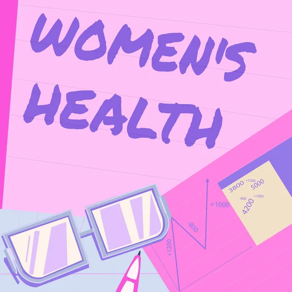 Schild mit der Aufschrift Women S Health. Internet-Konzept Frauen ist körperliche Gesundheit Folge der Vermeidung von Krankheit Papier auf dem Schreibtisch sitzend Diagramme Kalkulation Finanzpläne. — Stockfoto
