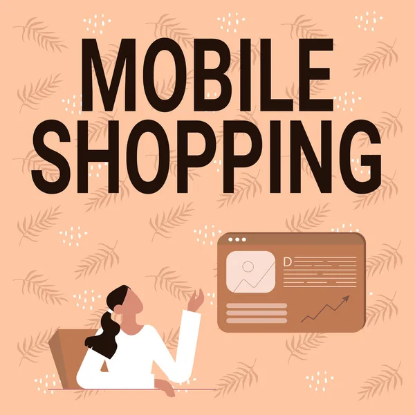Handschriftliches Mobile Shopping. Internet-Konzept Kauf und Verkauf von Waren und Dienstleistungen durch mobile Linienzeichnung für Lady Sitting, die neue Ideen mit Web-Browser-Bildschirm präsentiert — Stockfoto