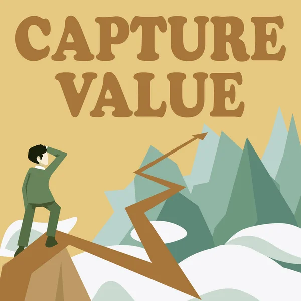 Az inspirációt megjelenítő szöveg Capture Value. Koncepcionális fotó Ügyfélkapcsolat Kielégítő igények Márka Erő Visszatartás Férfi figyeli horizont nyíl jelképezi a jövőbeni projekt sikerét. — Stock Fotó