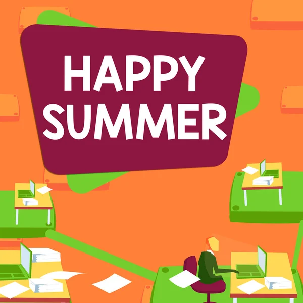 Inspiration, die Zeichen Happy Summer zeigt. Konzeptfoto Strände Sonnenschein Entspannung Warme sonnige Jahreszeit Sonnenwende Männlicher Büroangestellter nutzt verfügbare Büromaterialien. — Stockfoto