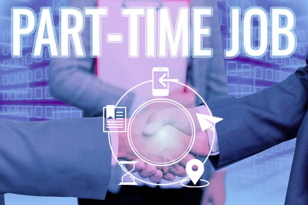 Kavramsal gösterim Part-Time Job. Internet Concept Weekender Serbest OJT Neophyte Stint Sezonluk El sıkışması Başarılı takım çalışmasını sembolize eden yenilikçi plan fikirlerini sunar.