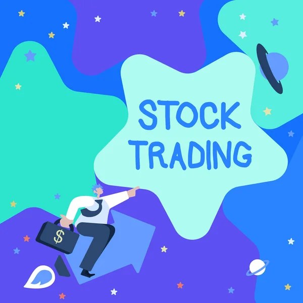 Testo che mostra ispirazione Stock Trading. Business idea Comprare e vendere di valori mobiliari elettronicamente sul pavimento Exchange Gentleman Indicazione Finger Star rappresentante successo finanziario. — Foto Stock