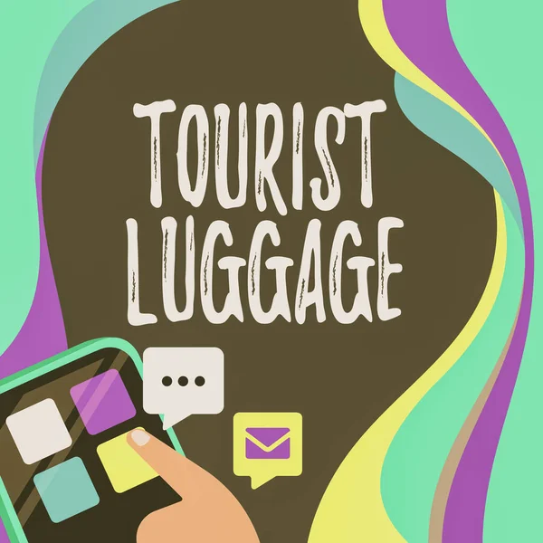 Turist Bagajı 'nı gösteren bir tabela. Genel Ağ Bağlantısını Sunan gezgin Parmak Basma Uygulama Düğmesi için gereken her şeyi içeren büyük çanta kavramı.