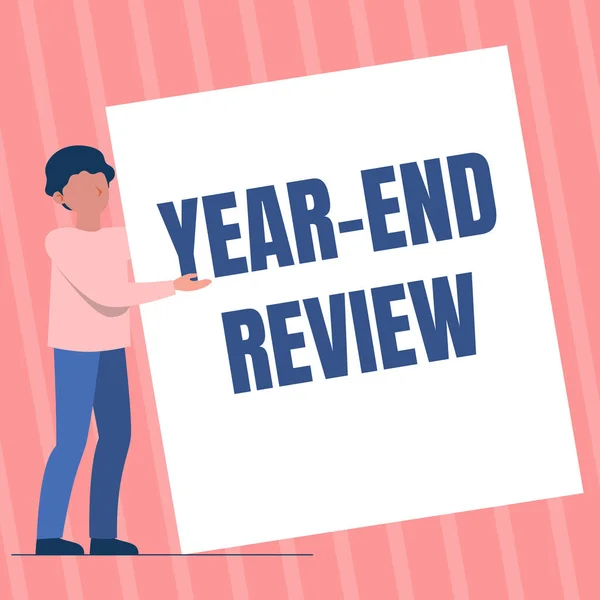 Handwriting text Year end Review. Word for Year end Review Man Standing Drawing Holding Presenting Huge Blank Paper. — Stock Photo, Image