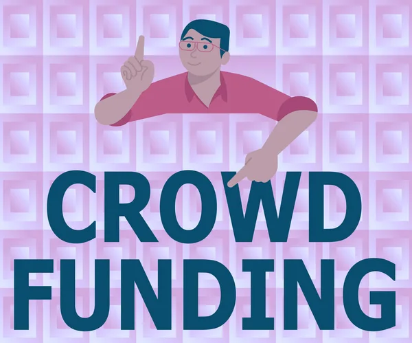 Exhibición conceptual Crowd Funding. Internet Concept Fundraising Kickstarter Startup Pledge Platform Donaciones Gentleman Pointing Finger Board Presentando las últimas ideas del proyecto. —  Fotos de Stock