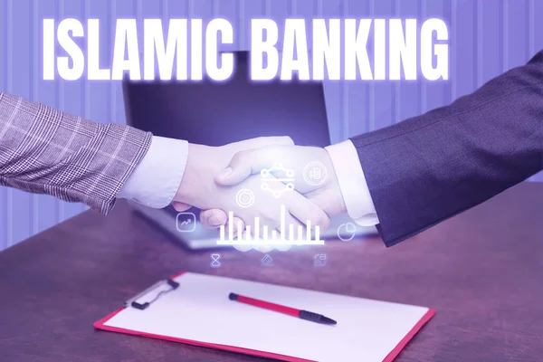 Konceptuální zobrazení Islámského bankovnictví. Koncept znamená bankovní systém založený na principech islámského práva Podávání rukou Podepisování kontraktu Odemykání nových futuristických technologií. — Stock fotografie