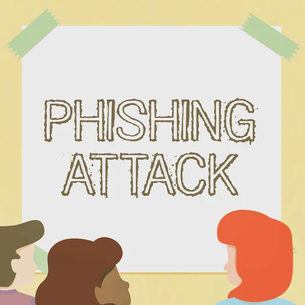 Podpis tekstowy przedstawiający atak Phishing. Koncepcja oznacza próbę pozyskania poufnych i poufnych informacji Członkowie zespołu patrzący na burzę mózgów Whiteboard Nowe rozwiązania — Zdjęcie stockowe