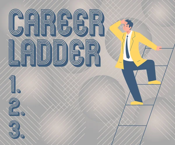 Handschrift Carrière Ladder. Internet Concept Job Promotion Professional Progress Upward Mobility Achiever Gentleman In Suit Staande Ladder Zoeken Laatste Plan Ideeën. — Stockfoto