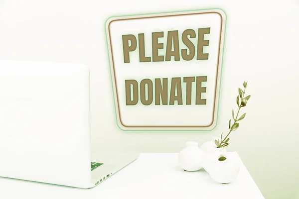 Inspiration showing sign Please Donate. Internet Concept Supply Furnish Hand out Contribute Grant Aid to Charity Tidy Workspace Setup, Writing Desk Tools Equipment, Smart Office