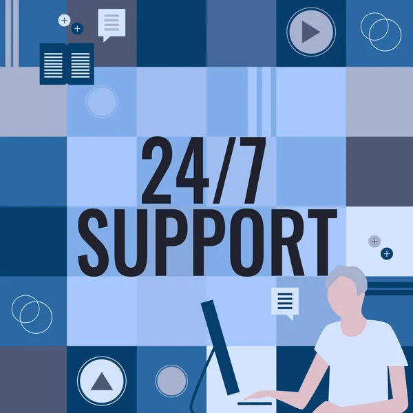 Text sign showing 24 Or 7 Support. Word for Giving assistance to service whole day and night No downtime Businessman Innovative Thinking Leading Ideas Towards Stable Future. — Stock Photo, Image