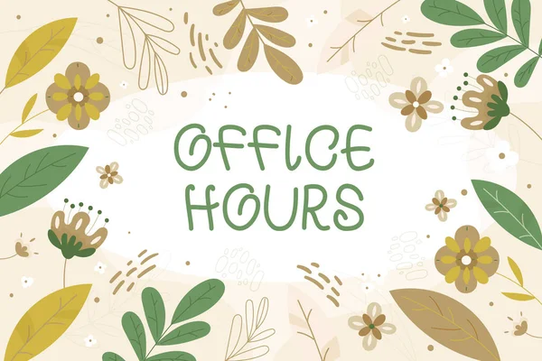 Κείμενο που δείχνει έμπνευση Ώρες Γραφείου. Επιχειρηματική προσέγγιση Οι ώρες που συνήθως διεξάγονται οι επιχειρήσεις Χρόνος εργασίας Κενό Πλαίσιο Διακοσμημένο με Αφηρημένες Εκσυγχρονισμένες Μορφές Λουλούδια και Φυλλώματα. — Φωτογραφία Αρχείου