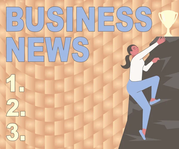 Konceptuální zobrazení Business News. Obchodní vitrína Obchodní sdělení Zpráva o obchodu Aktualizace trhu Firemní Insight Žena Lezení Hory Dosáhnout Trofej reprezentující úspěch. — Stock fotografie