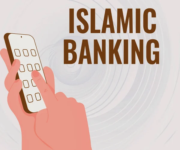 Текстові підписи представляють ісламську банківську справу. Бізнес-підхід Банківська система, заснована на принципах ісламського права Руки Холдинг Технологічні пристрої Прессінг Баттон. — стокове фото