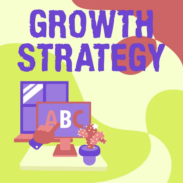 Концептуальний підпис Стратегія зростання. Бізнес підхід Стратегія, спрямована на виграш більшої частки ринку в короткострокових листах, що вказують на екран веб-браузера з кактусом на стороні . — стокове фото