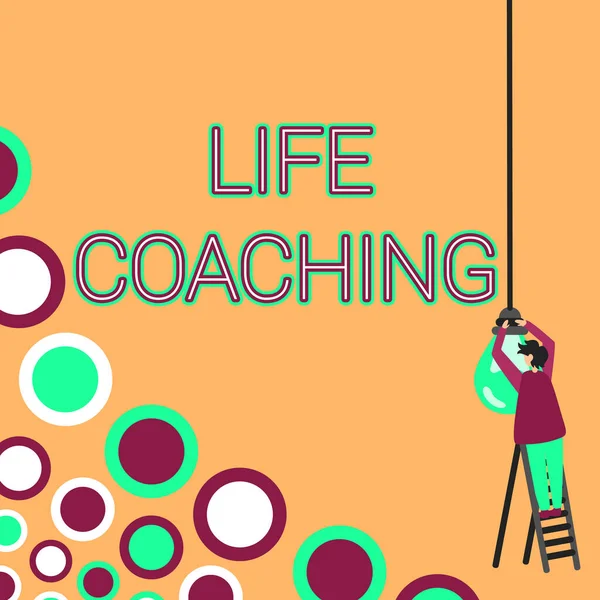 Text sign showing Life Coaching. Word for Improve Lives by Challenges Encourages us in our Careers Businessman Standing Ladder Fixing Light Bulb Generating New Futuristic Ideas.