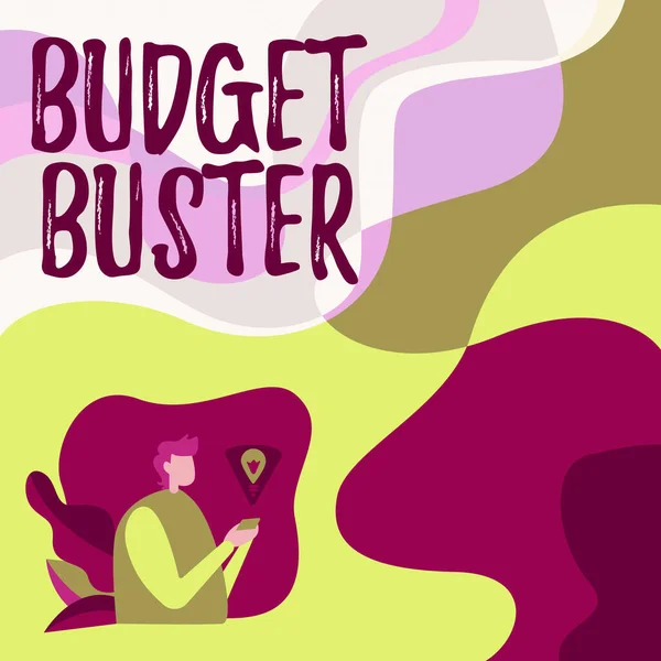 Título conceptual Budget Buster. Concepto que significa Despreocupado Gastando Negociaciones Compras Innecesarias Sobregasto Empresario Usando el Teléfono Móvil Haciendo Planes Logrando Últimos Objetivos. —  Fotos de Stock