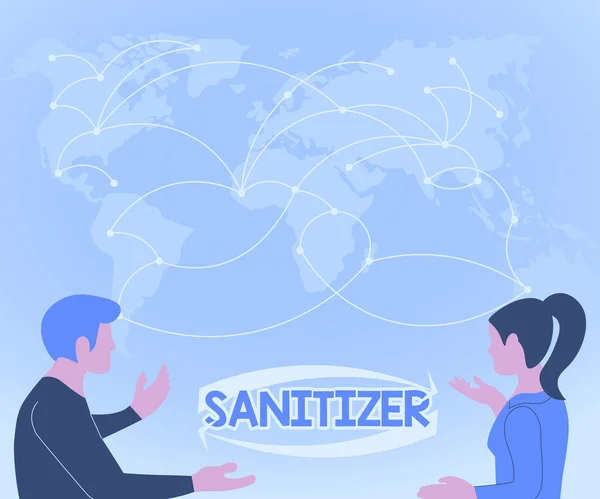 Tekstskilt som viser "Sanitizer". Konseptuell fotovæske eller gel som vanligvis brukes til å redusere smittestoffer To lagkamerater som diskuterer nye ideer World Map Brainstorming New Solutions. – stockfoto