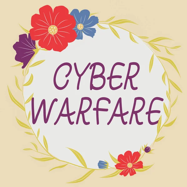 Textskylt som visar Cyber Warfare. Affärsidé Virtual War Hackare System Attacks Digital tjuv Stalker ram dekorerad med färgglada blommor och bladverk arrangeras harmoniskt. — Stockfoto