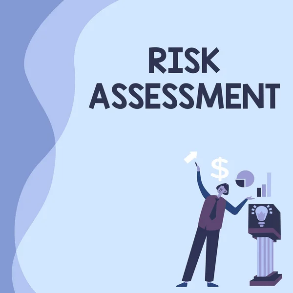 Text caption presenting Risk Assessment. Word Written on evaluating potential risks involved projected activity Manstanding Alone Presenting Charts And New Financial Ideas With Podium.