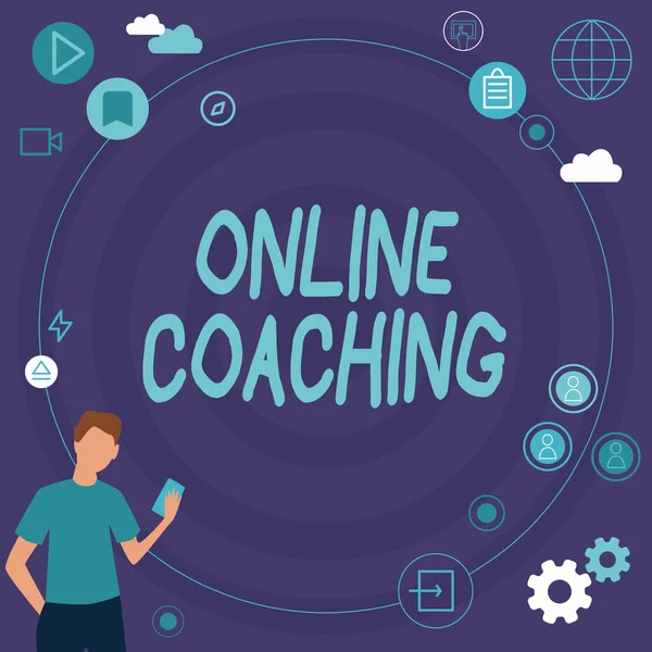 Handskrift text Online Coaching. Begreppet lärande från nätet och internet med hjälp av en tränare Affärsman Innovativt tänkande Ledande Idéer Mot Stabil framtid. — Stockfoto