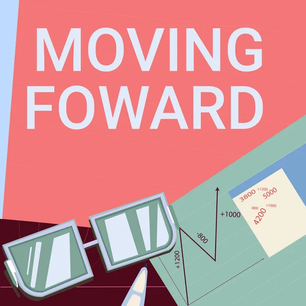 Bildunterschrift: Moving Foward. Unternehmensübersicht Towards a Point Move on Going Ahead Further Advance Progress Paper sitzt auf dem Schreibtisch bestehend aus Diagrammen Berechnung Finanzpläne. — Stockfoto