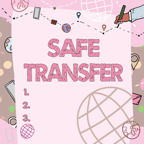 Text sign showing Safe Transfer. Word for Wire Transfers electronically Not paper based Transaction Plain Whiteboard With Hand Drawing Guide Line For Steps Over World Globe.