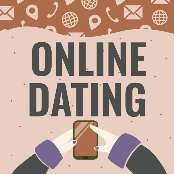 Tekst bijschrift presenteren Online Dating. Zakelijk concept Zoeken Matching Relaties eDating Video Chatten Hand Holding Mobiele telefoon Drukknop Toepassing Toont Technologie. — Stockfoto