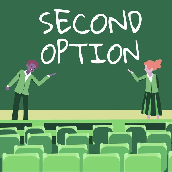 Writing displaying text Second Option. Business idea Next Fiddle Not a priority Next Alternative Opportunity Male and female colleagues doing presentation on stage with hand gestures. — Stock Photo, Image