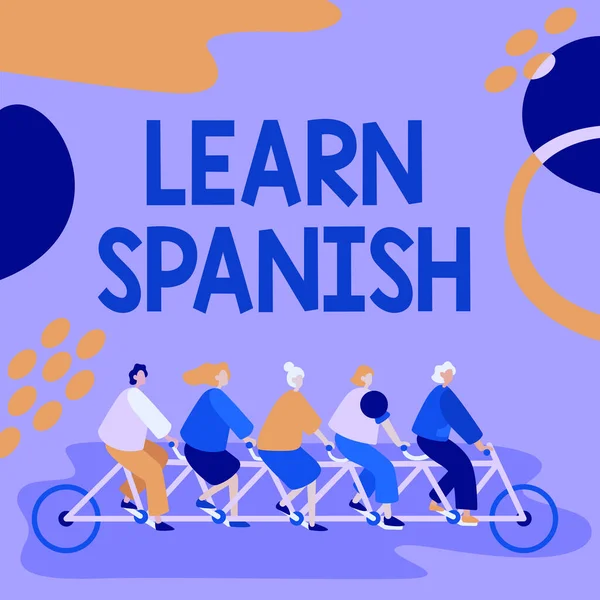 İspanyolca Öğren 'i gösteren metin işareti. İspanya 'da İş Fikri Çeviri Dili Sözcük Hazinesi Konuşma Meslektaşları Bisiklet Biniciliği Takım Çalışması Temsilciliği Başarılı Sorun Çözme. — Stok fotoğraf
