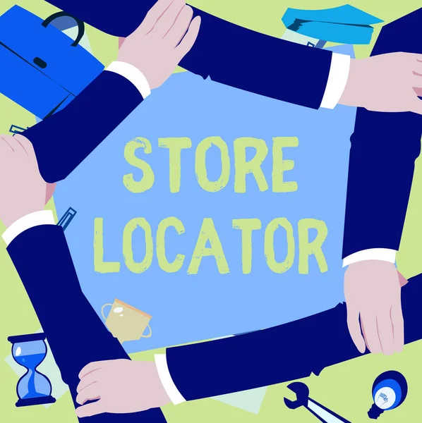 Konzeptionelle Anzeige Store Locator. Konzept, das bedeutet, Adresse, Kontaktnummer und Betriebsstunden zu kennen Vier Hände, die den Haltearm zusammenhalten.. — Stockfoto