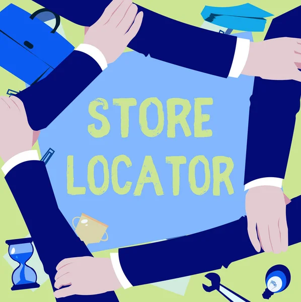 Visualizzazione concettuale Store Locator. Concetto che significa conoscere il numero di contatto indirizzo e le ore di funzionamento Four Hands Drawing Holding Arm Together Mostra Simbolo di connessione. — Foto Stock