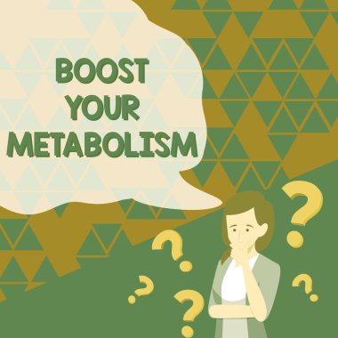 Metabolizmanızı güçlendiren metin yazılıyor. İş genel değerlendirmesi, yanan vücuttaki verimliliği arttırır. Bayan Beyin Fırtınası Yapan Yeni Çözümler Soru İşaretleriyle çevrili..