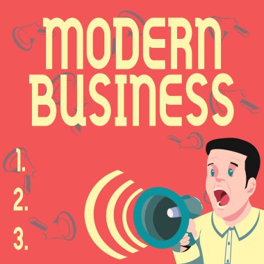 Modern Business 'a ilham veren bir metin. İşletme felsefesine giriş. Büyük bir şirket girişimi olan İşadamı Megafonla Konuşuyor Harika Yeni Duyurular Yapıyor