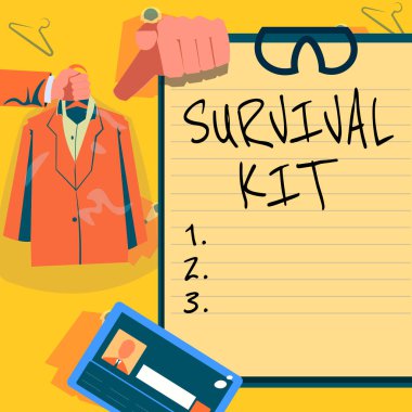 Writing displaying text Survival Kit. Word Written on Emergency Equipment Collection of items to help someone Hands Holding Uniform Showing New Open Career Opportunities. clipart
