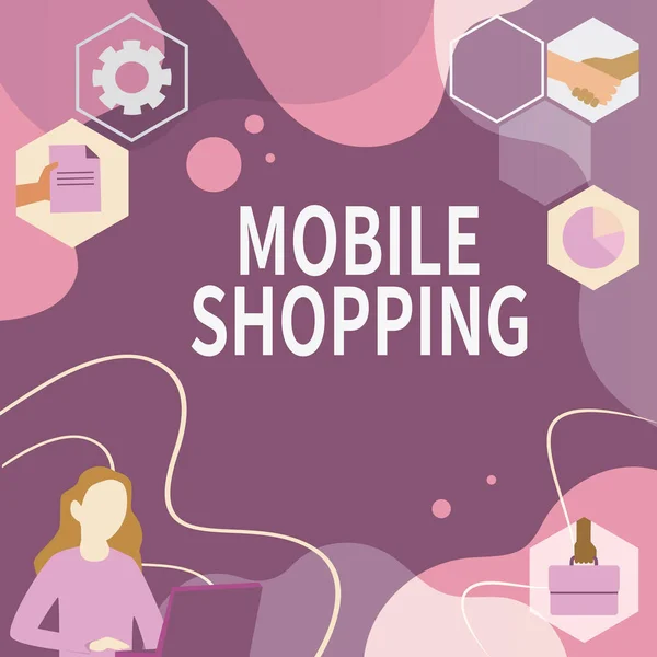 Inspiration montrant signe Mobile Shopping. Aperçu de l'entreprise Acheter et vendre des biens et des services grâce au mobile Woman Innovative Thinking Leading Ideas Towards Stable Future. — Photo