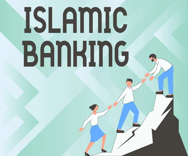 Psaní textu Islámské bankovnictví. Word Written on Banking system based on the principles of Islamic law Colleagues Climbing Up Mountain Reaching Success Presenting Teamwork. — Stock fotografie