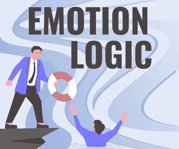 Emotion Logic 을 보여 주는 텍스트 사인. 기업 전시 심장 또는 두뇌 영혼 또는 정보 융합 균형의 신사 인 Suit 내 에서 콜리 그 의 성공적 인 팀 작업을 지원. — 스톡 사진